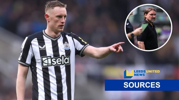 Newcastle United midfielder Sean Longstaff pointing. Inset, Leeds United manager Daniel Farke looking on.