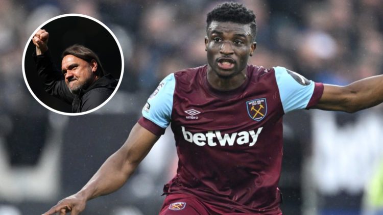 Mohammed Kudus in action for West Ham United. Inset, Daniel Farke celebrating Leeds United win.