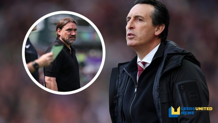Aston Villa manager Unai Emery stands on the touchline. Inset a picture of Leeds United manager Daniel Farke during a Championship game.