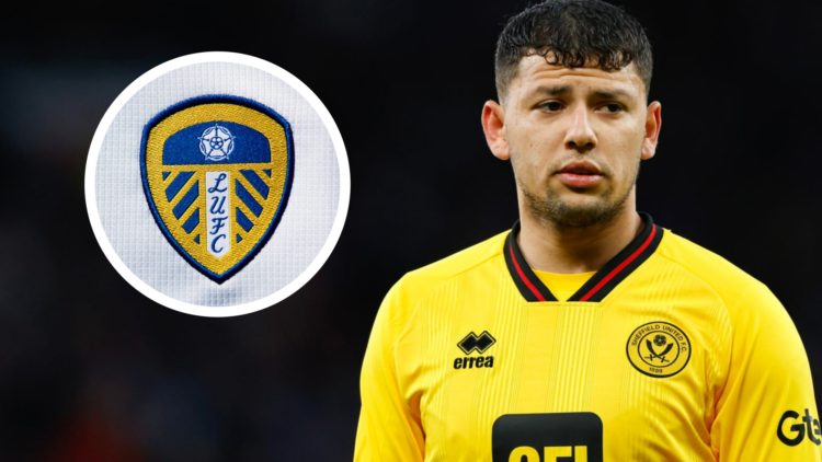Sheffield United midfileder Gustavo Hamer during a Championship match. Inset a picture of the official club badge of Leeds United.