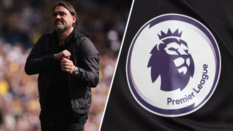 Split image of Leeds United manager Daniel Farke celebrating and the Premier League logo.