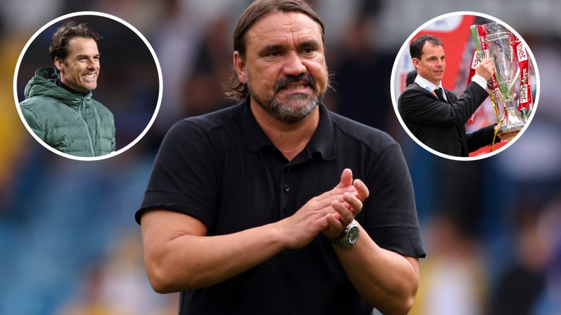 Leeds United manager Daniel Farke looking concerned. Inset, Burnley boss Scott Parker. Inset, Sunderland manager Regis Le Bris.
