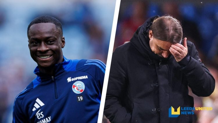 Split image of RC Strasbourg midfielder Habib Diarra warming up before a game, and Leeds United manager Daniel Farke looking down on the touchline.