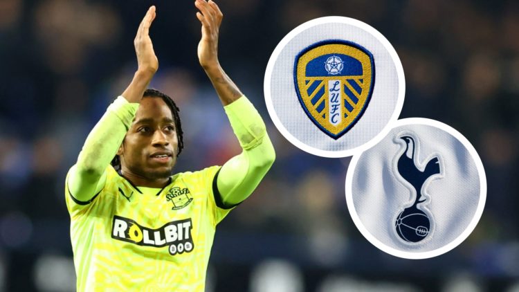Southampton player Kyle Walker-Peters applauds the fans. Inset, pictures of the official club badges of Leeds United and Tottenham Hotspur.