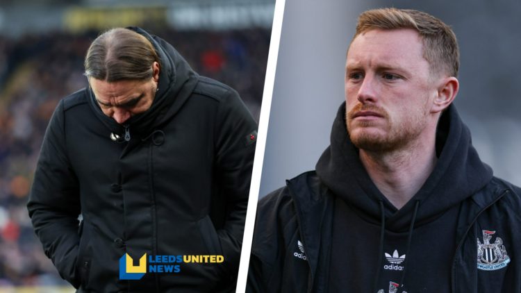 Split image of Leeds United manager Daniel Farke looking down on the touchline, and Newcastle United midfielder Sean Longstaff before a game.