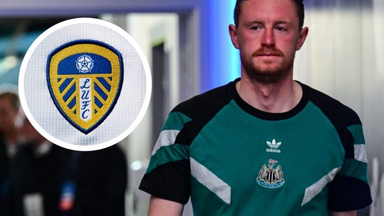 Newcastle United midfielder Sean Longstaff before a match in the Premier League. Inset a picture of the official club badge of Leeds United.