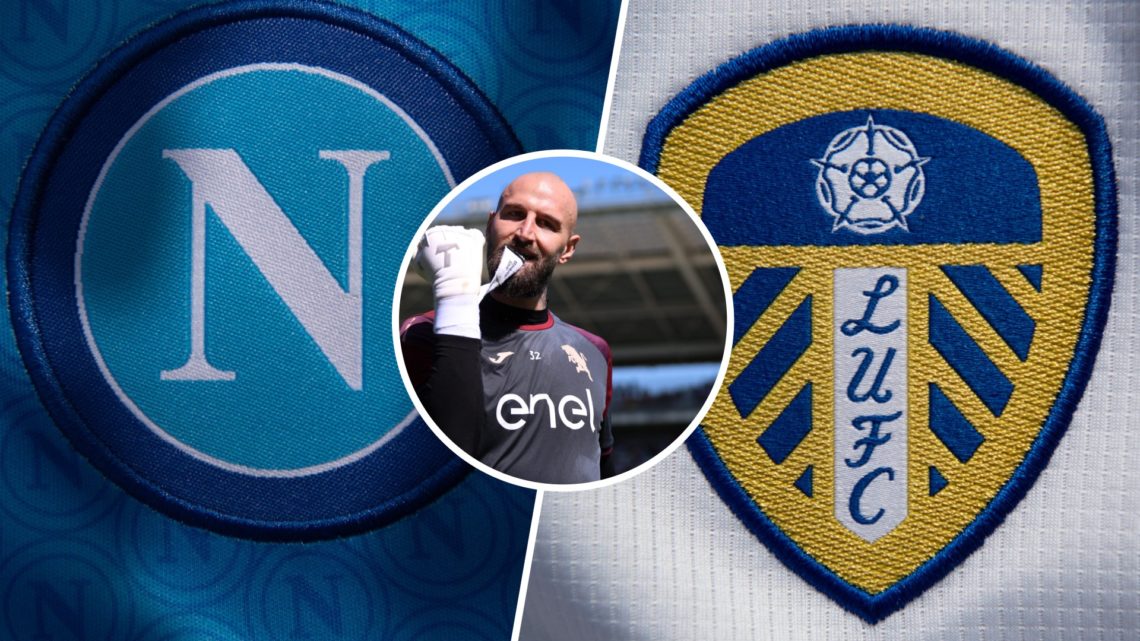 Leeds United and Napoli crests flank Torino's Vanja Milinkovic-Savic (centre)