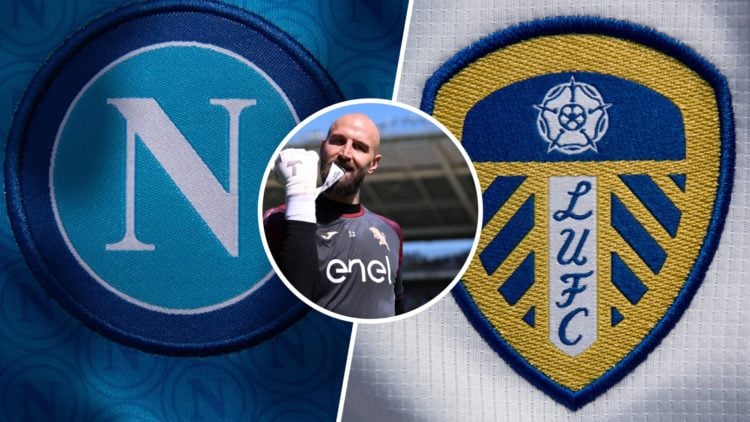 Leeds United and Napoli crests flank Torino's Vanja Milinkovic-Savic (centre)