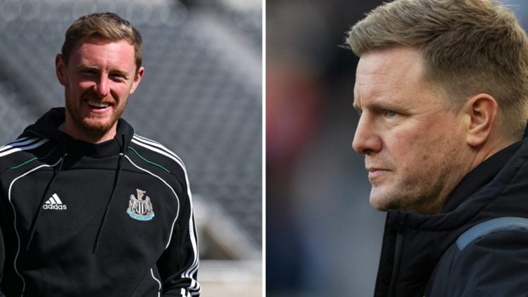 Sean Longstaff ahead of a Newcastle match and Eddie Howe looking on.