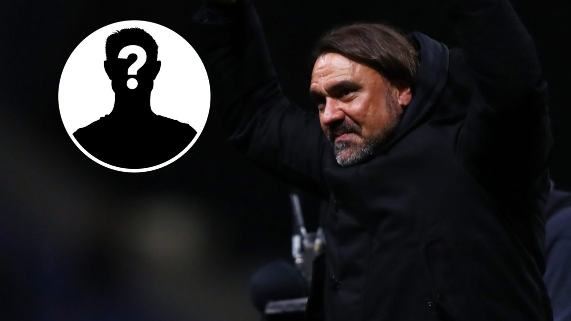 Leeds United manager Daniel Farke celebrating with hands in the air. Inset, LUN mystery player.