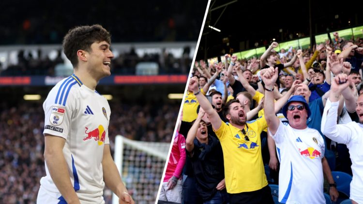 Leeds United winger Dan James (left) and Leeds supporters (right)