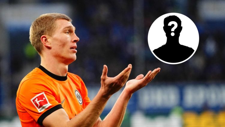 Rasmus Kristensen questions a decision while playing for Frankfurt.