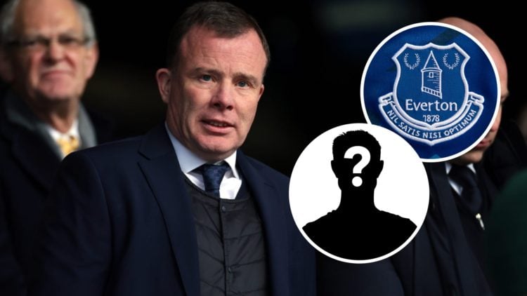 Former Leeds United CEO Angus Kinnear. Inset, Everton badge. Inset, LUN mystery.
