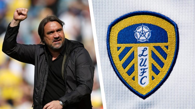 Split image of Leeds United manager Daniel Farke fist pumping, and the official club badge of Leeds United.