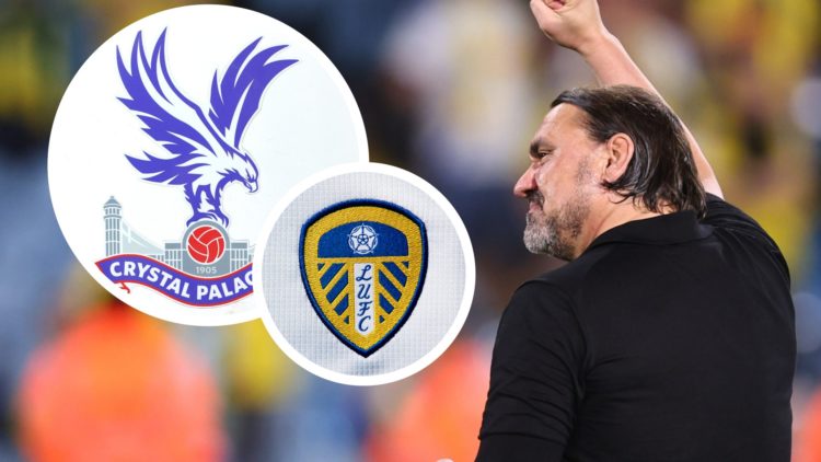 Leeds United manager Daniel Farke celebrates promotion to the Premier League. Inset, pictures of the official club badges of Crystal Palace and Lee...