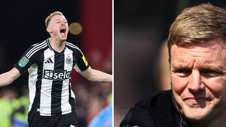 Sean Longstaff celebrates a Newcastle win as Eddie Howe looks on.