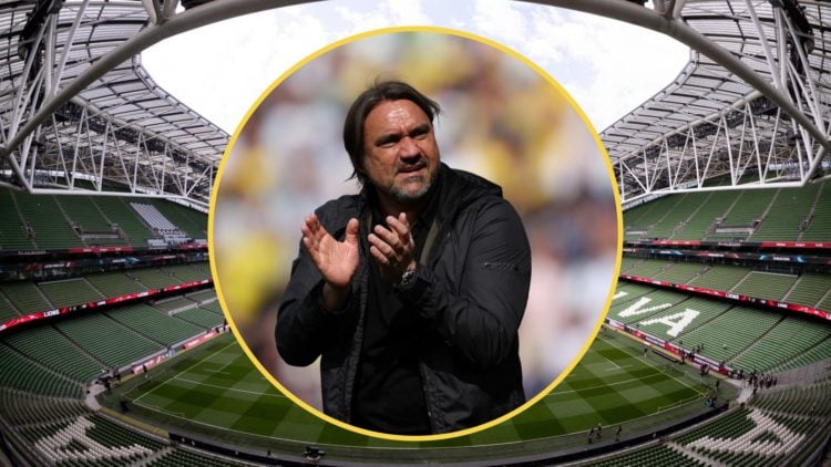 General view of the Aviva Stadium in Dublin, Ireland. Inset: Daniel Farke applauds Leeds United fans.