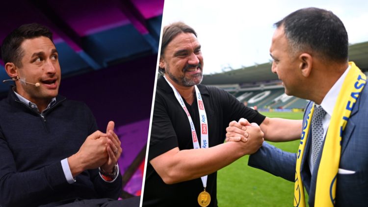 Transfer journalist David Ornstein (left), with Leeds United's Daniel Farke and Paraag Marathe (right)