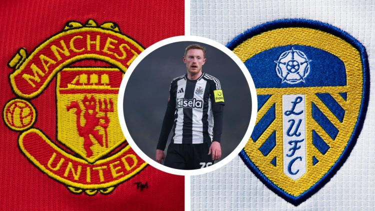 Split image of the official club badges of Manchester United and Leeds United. Inset a picture of Sean Longstaff in action for Newcastle United.