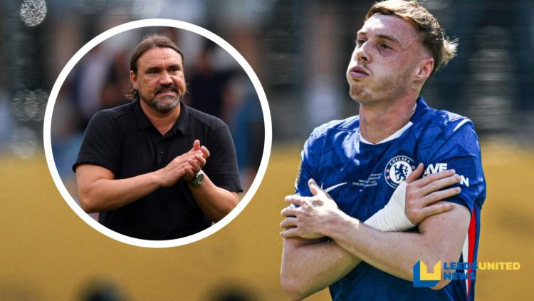 Chelsea's Cole Palmer celebrates scoring a goal. Inset a picture of Leeds United manager Cole Palmer clapping the fans.