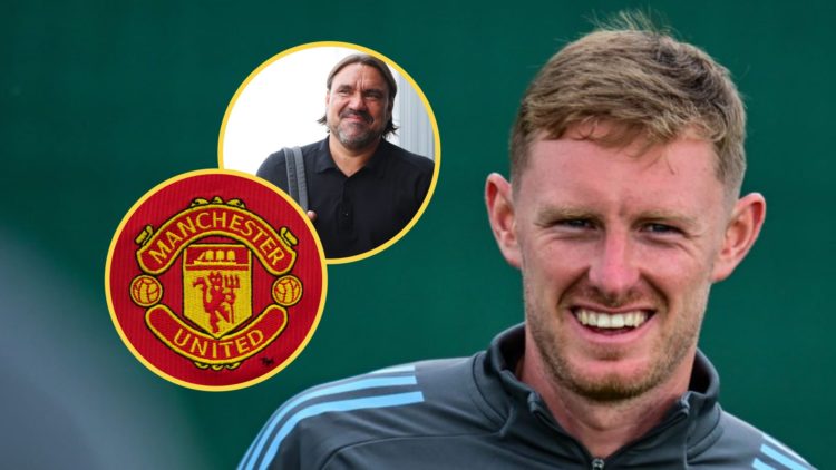 Close up image of Sean Longstaff smiling during Newcastle United training. Insets: Daniel Farke's smiles, Manchester United badge.