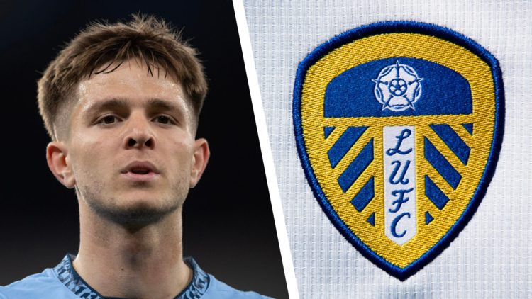 Split image of James McAtee playing a Premier League game for Man City, and the official club badge of Leeds United FC.