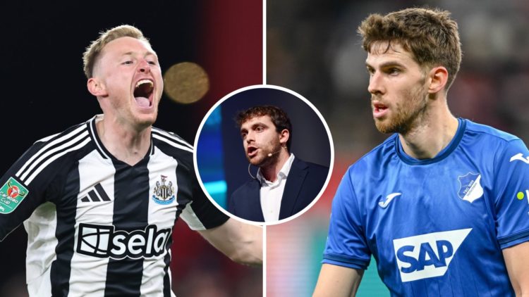 Newcastle midfielder Sean Longstaff (left), Hoffenheim midfielder Anton Stach (right), and Fabrizio Romano (centre)