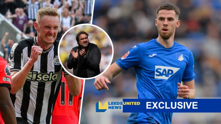 Leeds United manager Daniel Farke (centre), Sean Longstaff (left). and Anton Stach (right), with exclusive LUN banner