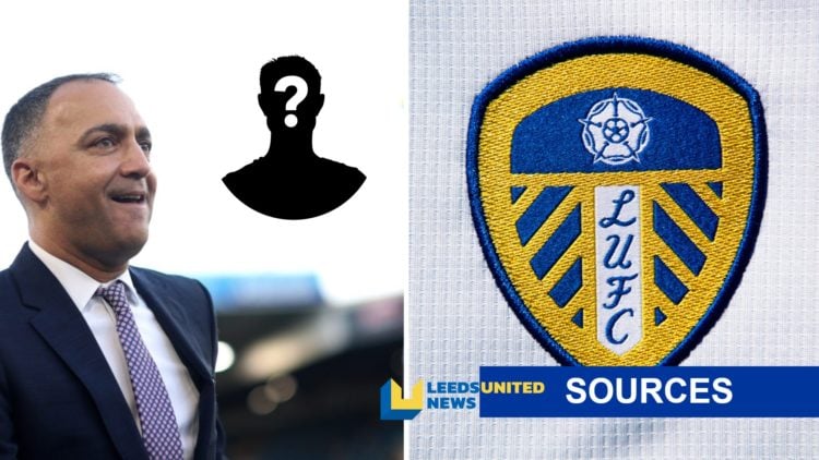 Leeds United chairman Paraag Marathe (left) with Leeds crest (right) with mystery player inset and LUN sources banner