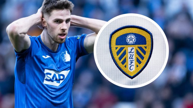 Hoffenheim midfielder Anton Stach has his hands on his head. Inset a picture of the official club badge of Leeds United.