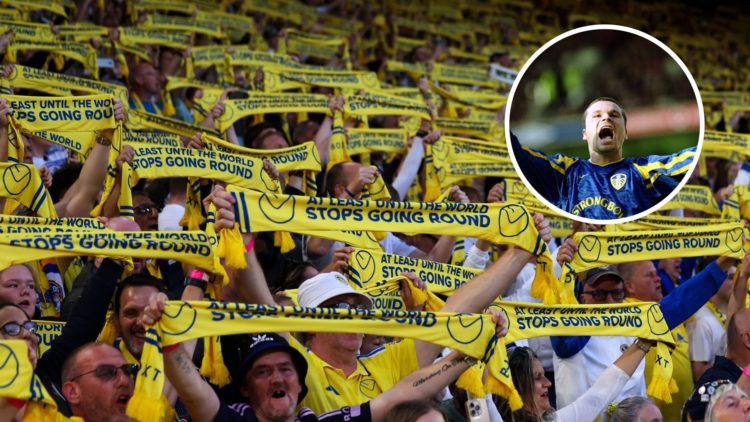 Leeds United fans holding their scarves up before Bristol City win Inset, Mark Viduka celebrates for Leeds.