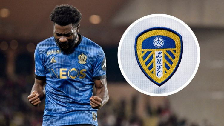 OG Nice winger Jeremie Boga celebrates scoring a goal. Inset a picture of the official club badge of Leeds United.