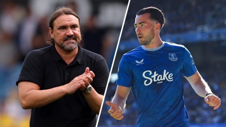 Split image: Leeds United manager Daniel Farke claps his hands and looks worried (L). Jack Harrison in action for Everton (R).