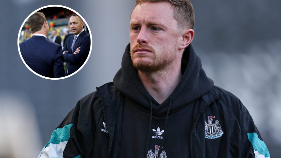 Sean Longstaff wearing Newcastle United gear. Inset, Leeds United owner Paraag Marathe speaks with a colleague.