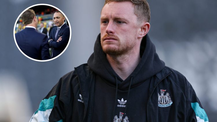 Sean Longstaff wearing Newcastle United gear. Inset, Leeds United owner Paraag Marathe speaks with a colleague.