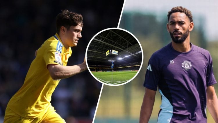 Split image: Dan James springs while playing for Leeds United (L). Matheus Cunha in Manchester United training (R). Inset: General view of the Stra...