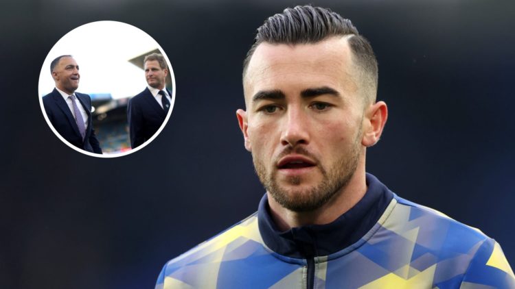 Jack Harrison warming up for Everton. Inset, Leeds United owner Paraag Marathe walking with a colleague.
