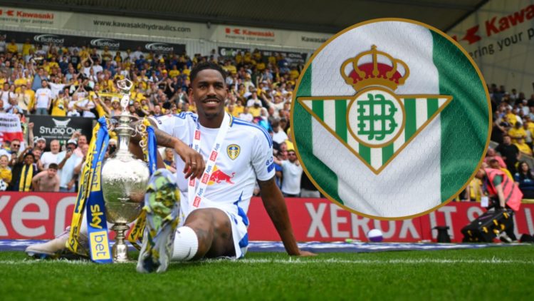 Junior Firpo sits with the Championship title trophy at Plymouth Argyle. Inset: Real Betis crest.