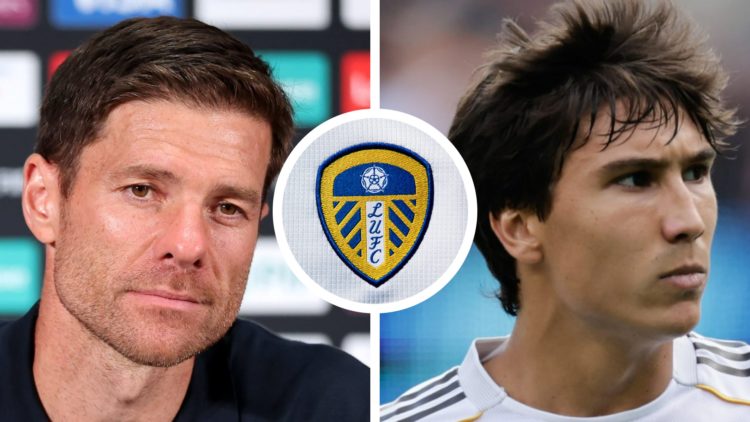 Split image of Real Madrid manager Xabi Alonso during a press conference, and Real Madrid striker Gonzalo Garcia during a game. Inset a picture of ...