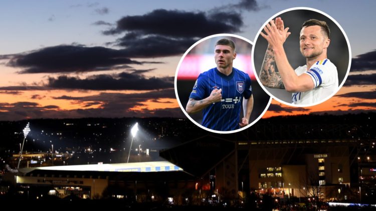 Elland Road at night. Inset, Leif Davis in action for Ipswich Town. Inset, Liam Cooper claps the Leeds United support.