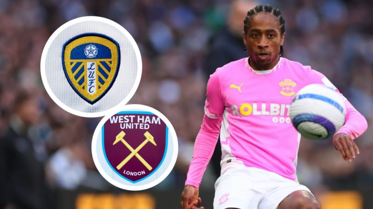 Southampton defender Kyle Walker-Peters in action. Inset, pictures of the official club badges of West Ham and Leeds United.