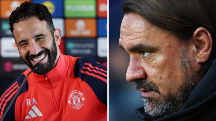 Split image of Manchester United manager Ruben Amorim smiling and Leeds United boss Daniel Farke looking on.