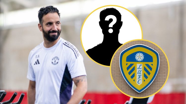 Ruben Amorim during Manchester United pre-season training. Insets: Mystery figure and Leeds United crest on a brick wall.
