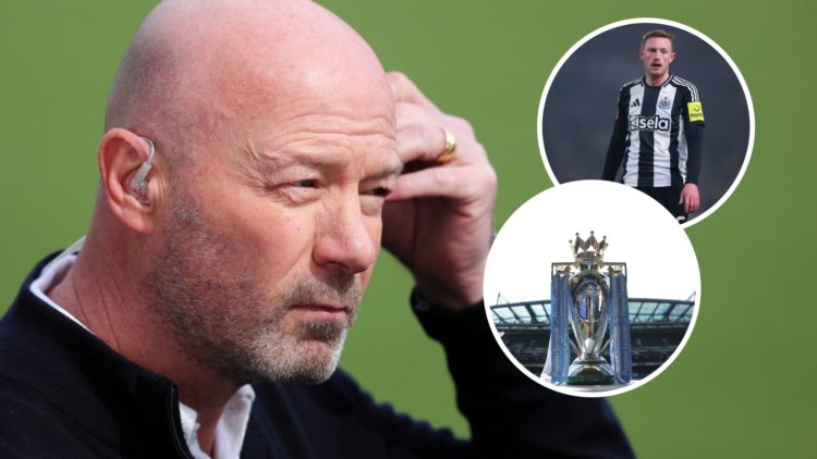 Pundit Alan Shearer looking on. Inset, Newcastle United player Sean Longstaff. Inset, Premier League trophy.