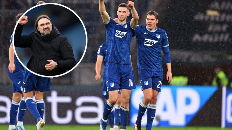 Hoffenheim star Anton Stach points up to the sky. Inset, Leeds United manager Daniel Farke celebrating.