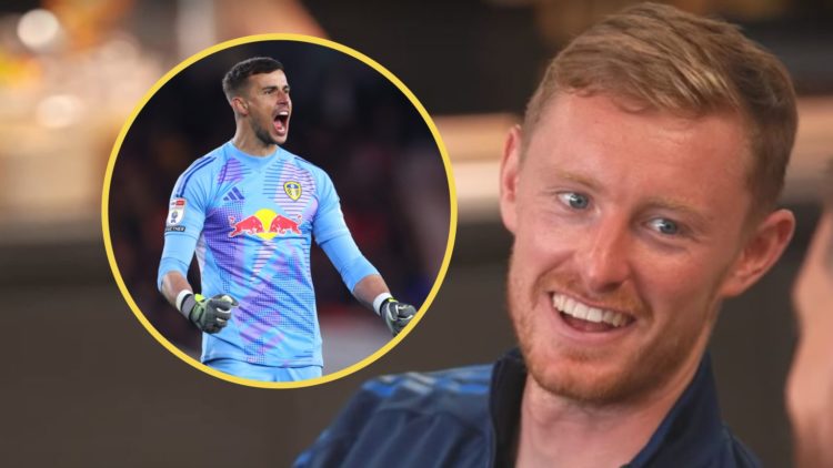 Close up image of Karl Darlow smiling after signing for Leeds United. Inset: Karl Darlow pumps his fist in celebration.