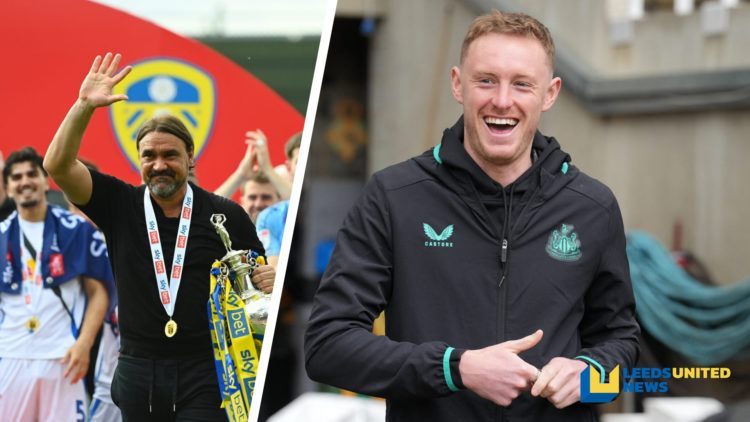 Split image of Newcastle United player Sean Longstaff before a game, and the Leeds United player celebrating winning the Championship title in 2025.