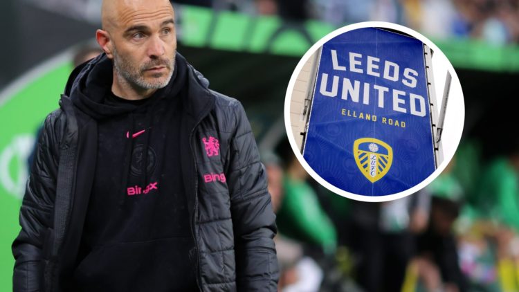 Chelsea manager Enzo Maresca stands on the touchline. Inset a picture of Leeds United's Elland Road stadium.