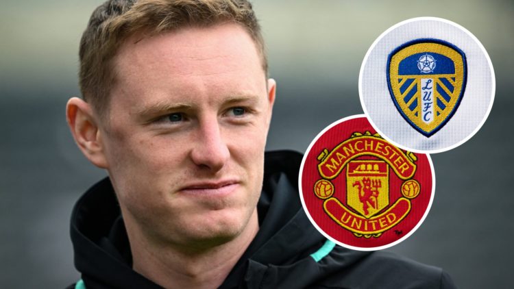 Sean Longstaff at Newcastle United. Inset, Man United badge. Inset, Leeds United badge.