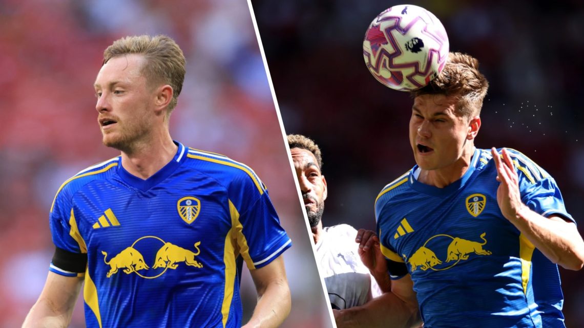 Split image: Sean Longstaff in action for Leeds United vs Man Utd (L). Jaka Bijol heads the ball ahead of Matheus Cunha (R).
